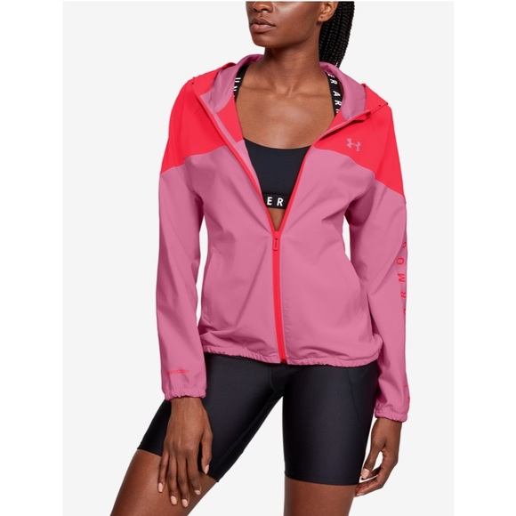 Under Armour Jacket Windbreaker Small Pink Orange Zip Up Loose Fit Hooded Pit to - Picture 1 of 13